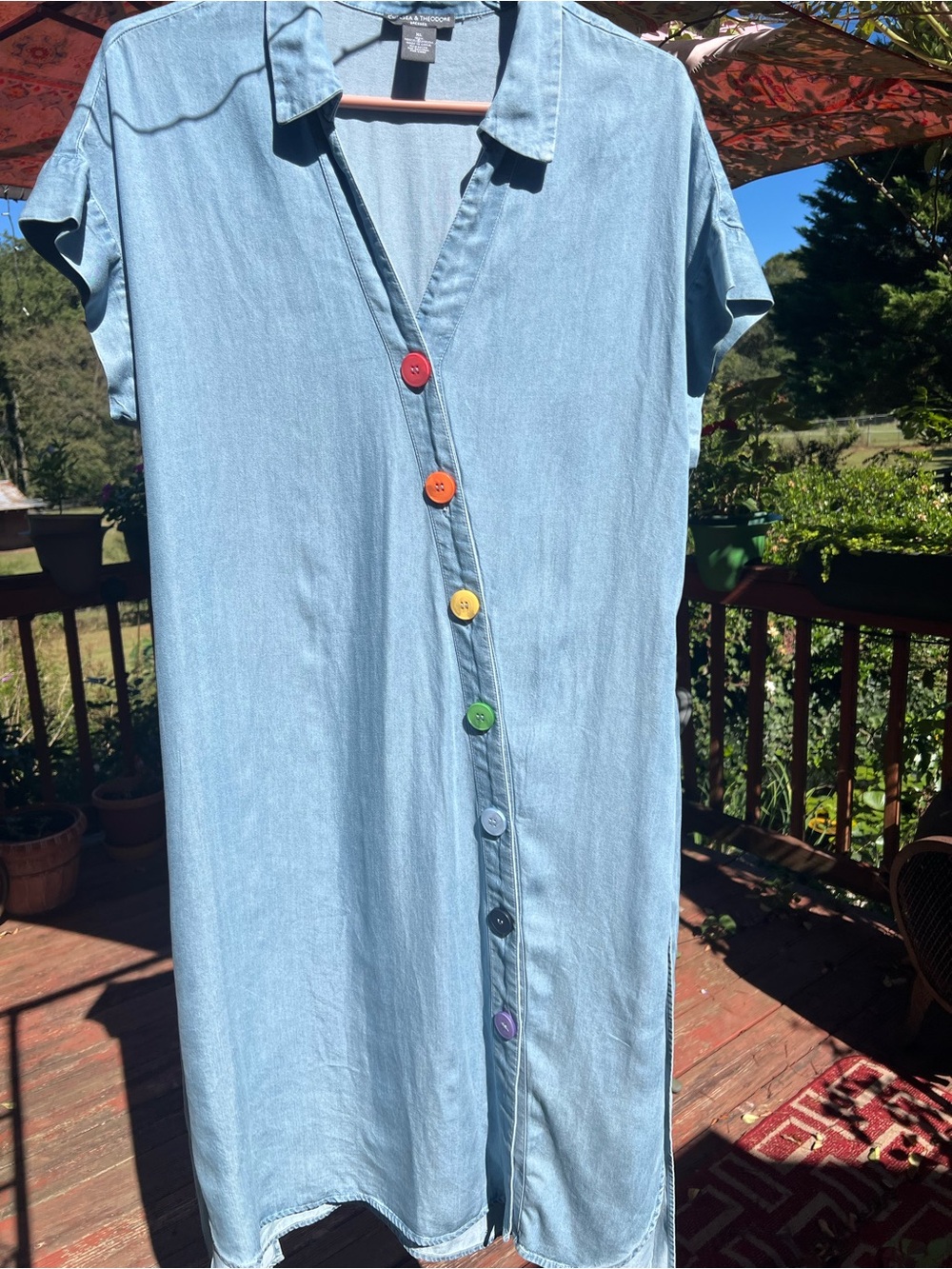 Chelsea & Theodore Light Blue Midi Dress with Rainbow Buttons